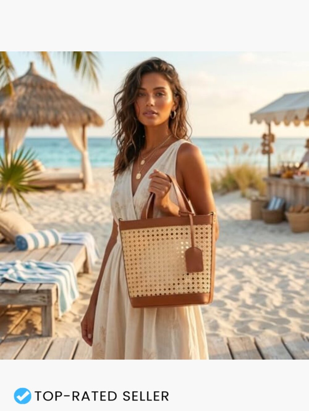 Woven Straw Beach Bag Summer Bucket Tote Top Handle Drawstring Rattan Purse - Picture 2 of 7